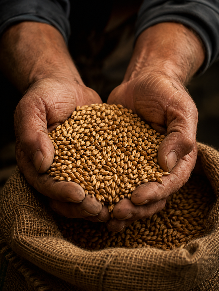 Hands holding selected corn kernels for bourbon mash