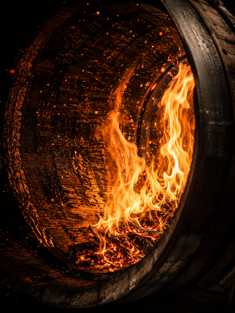 Charred bourbon barrel with flame inside