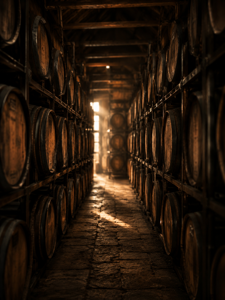 Rows of bourbon barrels aging in a barrel room