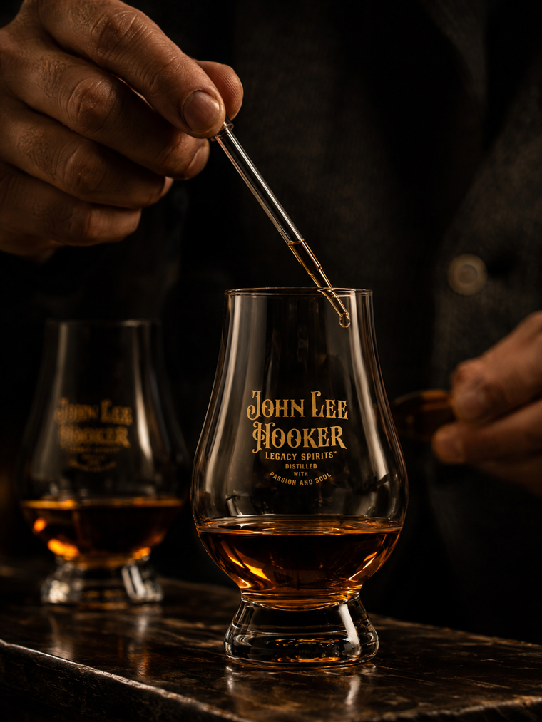 Bourbon being evaluated in a tasting glass
