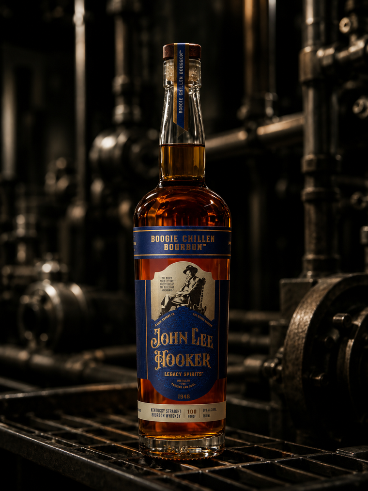 Finished bourbon bottle in a bottling environment